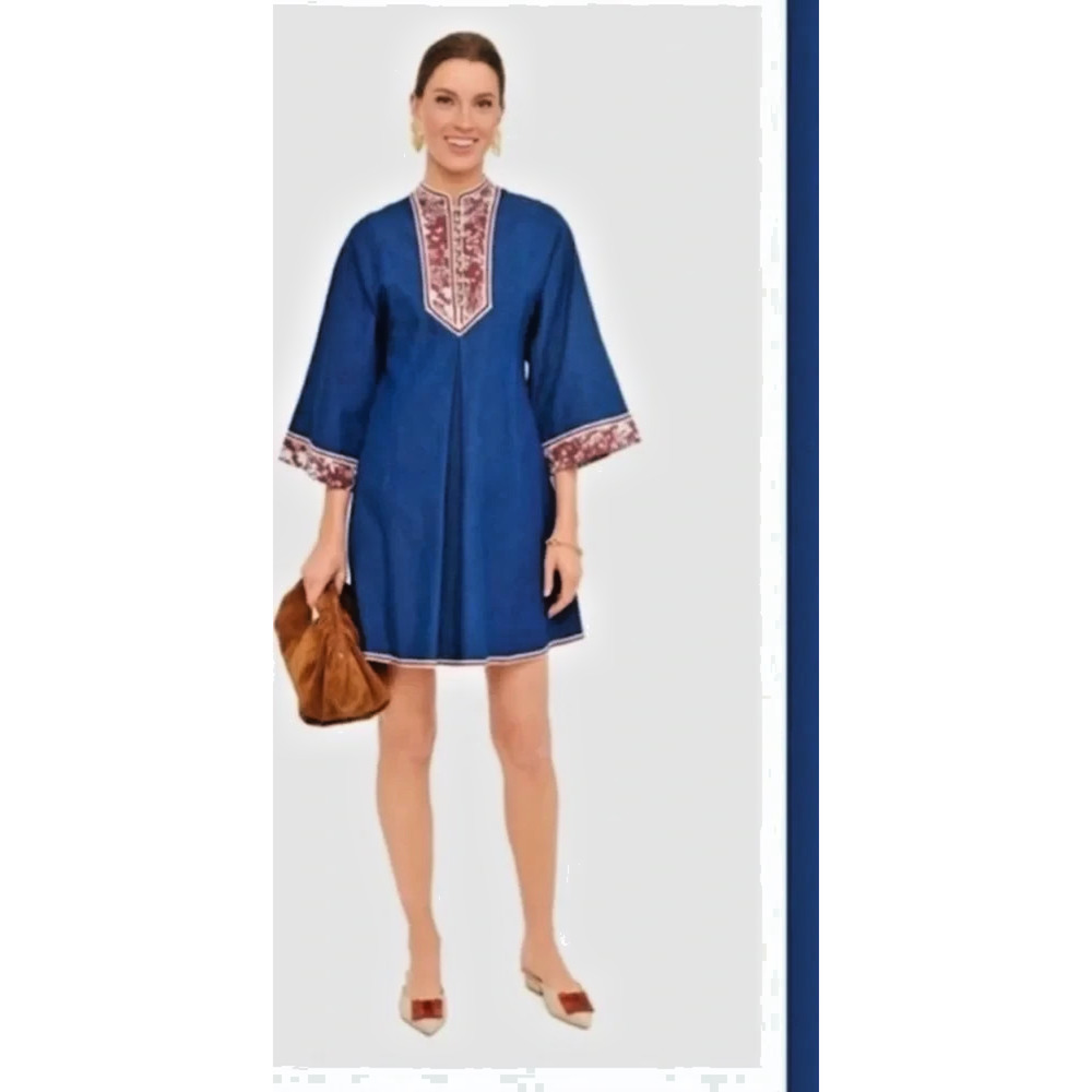 Tuckernuck Indre Chambray Navy High Collar Gold Button Dress Size Medium